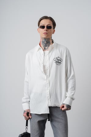 Erkek Eternal Nakışlı Uzun Kollu Keten Oversize Gömlek Ekru