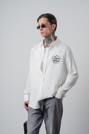 Erkek Eternal Nakışlı Uzun Kollu Keten Oversize Gömlek Ekru