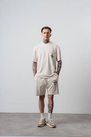 Erkek Far From Basic Baskılı Regular Fit T-Shirt Şort Takım Bej