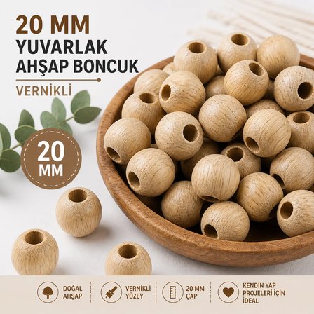 20 mm Yuvarlak Ahşap Boncuk (50 gr ~14 Adet) Vernikli