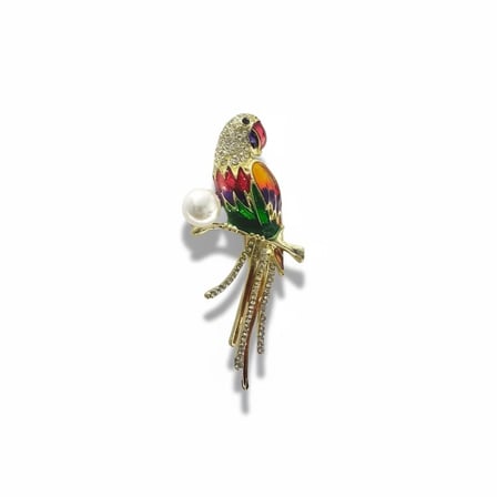 Papağan Broş(5 cm) Zirkon Taşlı İnci Detaylı Gold Renk