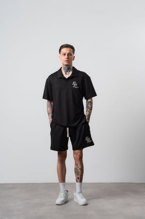 Erkek Respire Relined Yazılı Regular Fit T-Shirt Şort Takım Siyah