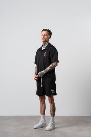 Erkek Respire Relined Yazılı Regular Fit T-Shirt Şort Takım Siyah