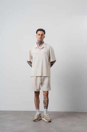 Erkek Respire Relined Yazılı Regular Fit T-Shirt Şort Takım Bej