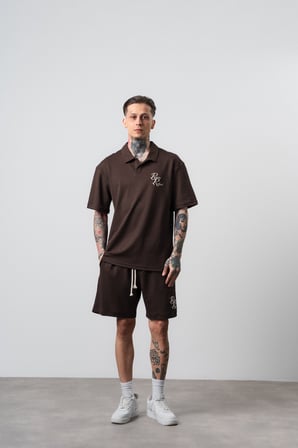 Erkek Respire Relined Yazılı Regular Fit T-Shirt Şort Takım Kahve
