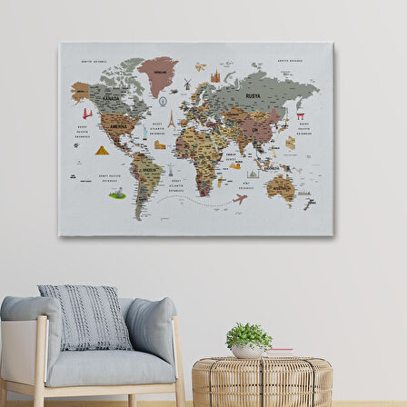 Harita Sepeti Türkçe Dünya Haritası Çok Detaylı Ünlü Yerler Sembollü Kanvas Tablo 1773