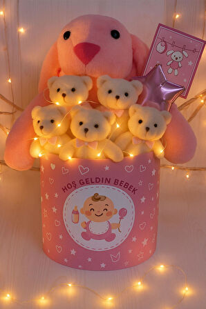 Hoşgeldin Bebek Temalı, Uyku Arkadaşı Tavşan ile  LED Işıklı Yumoş Peluş Ayıcık Buketi, Yenidoğan-Babyshower ÖZEL