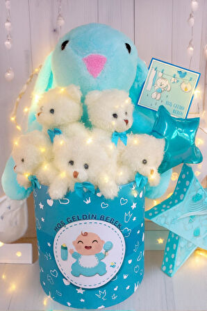 Hoşgeldin Bebek Temalı, Uyku Arkadaşı Tavşan ile  LED Işıklı Yumoş Peluş Ayıcık Buketi, Yenidoğan-Babyshower ÖZEL