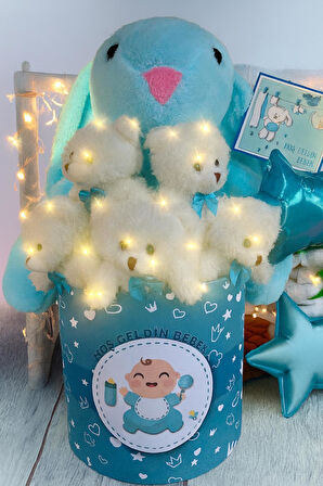 Hoşgeldin Bebek Temalı, Uyku Arkadaşı Tavşan ile  LED Işıklı Yumoş Peluş Ayıcık Buketi, Yenidoğan-Babyshower ÖZEL