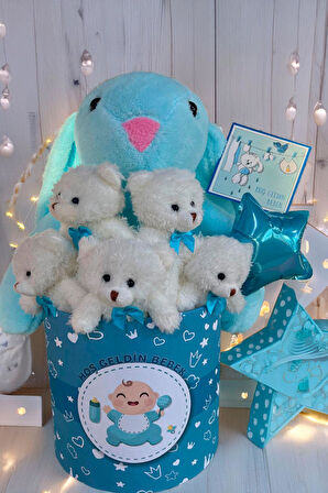 Hoşgeldin Bebek Temalı, Uyku Arkadaşı Tavşan ile  LED Işıklı Yumoş Peluş Ayıcık Buketi, Yenidoğan-Babyshower ÖZEL