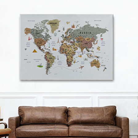 Harita Sepeti Dünya Haritası Çok Detaylı Ünlü Yerler Sembollü Kanvas Tablo 1774