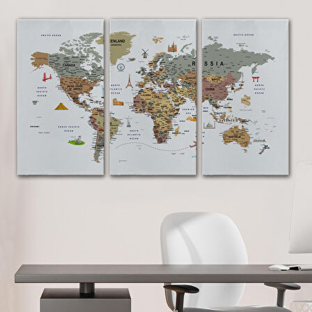 Harita Sepeti Dünya Haritası Çok Detaylı Ünlü Yerler Sembollü Kanvas Tablo 1774