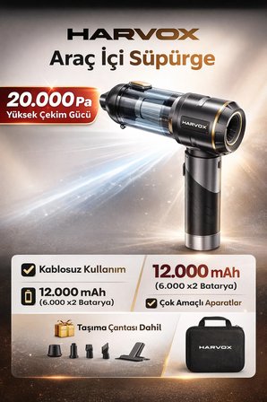 Harvox HXVC-005 Araç İçi Profesyonel Süpürge 12.000 Mah Çift Bataryalı 20.000PA Güçlü Vakum ve Üfleme Powerbank Özellikli Süpürge Siyah