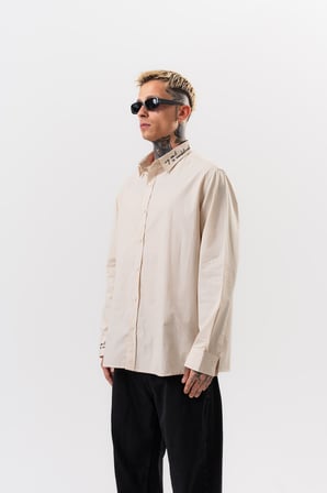 Erkek Nakış Detaylı Poplin Oversize Gömlek Bej