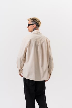 Erkek Nakış Detaylı Poplin Oversize Gömlek Bej