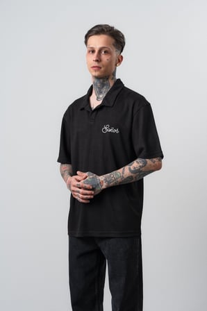 Erkek Senor Yazılı Polo Yaka Regular Fit T-Shirt Siyah