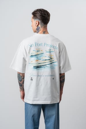 Erkek No Port Baskılı Oversize T-Shirt Ekru
