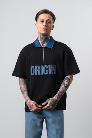 Erkek Origin Nakışlı Polo Yaka Regular Fit T-Shirt Siyah