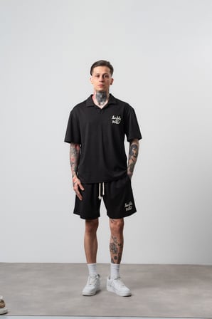 Erkek La Dolce Vita Yazılı Regular Fit T-Shirt Şort Takım Siyah