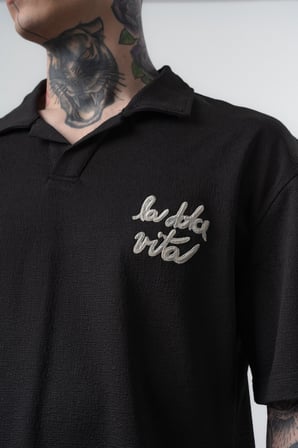 Erkek La Dolce Vita Yazılı Regular Fit T-Shirt Şort Takım Siyah