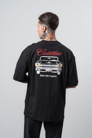Erkek Cadillac Baskılı Oversize T-Shirt Siyah
