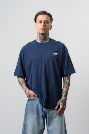 Erkek Cadillac Baskılı Oversize T-Shirt Lacivert
