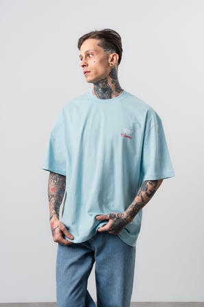 Erkek Cadillac Baskılı Oversize T-Shirt Bebe Mavi