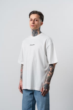 Erkek Refined Baskılı Oversize T-Shirt Ekru