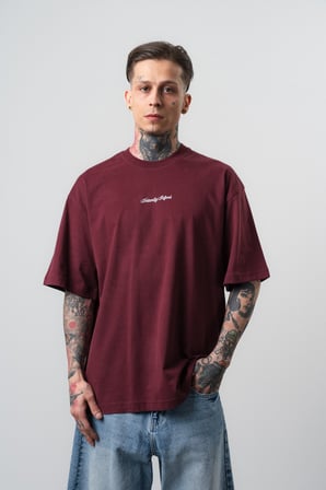 Erkek Refined Baskılı Oversize T-Shirt Bordo