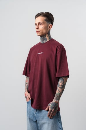 Erkek Refined Baskılı Oversize T-Shirt Bordo