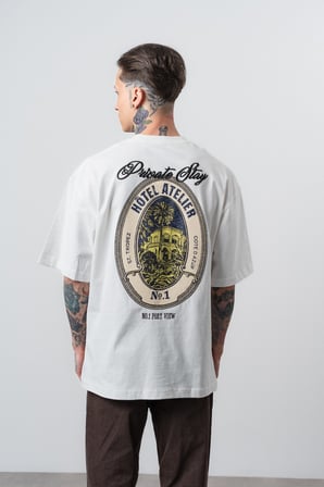 Erkek Private Baskılı Oversize T-Shirt Ekru
