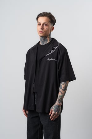 Erkek Itsbyzey Nakışlı Oversize Gömlek Siyah
