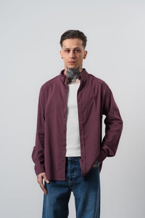 Erkek Arma Nakışlı Uzun Kollu Oversize Gömlek Mürdüm