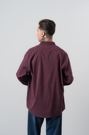 Erkek Arma Nakışlı Uzun Kollu Oversize Gömlek Mürdüm