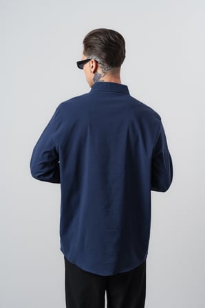 Erkek Arma Nakışlı Uzun Kollu Oversize Gömlek Lacivert