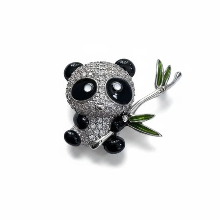 Panda Figürlü Broş Zirkon Taşlı Gümüş Renk 