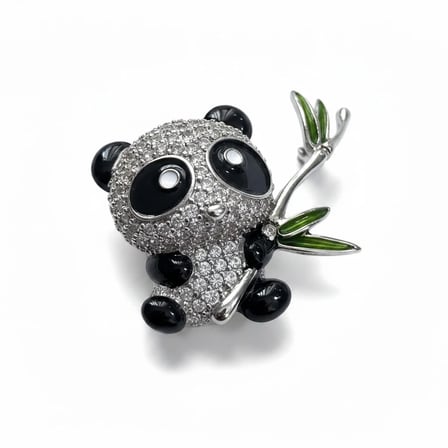 Panda Figürlü Broş Zirkon Taşlı Gümüş Renk 