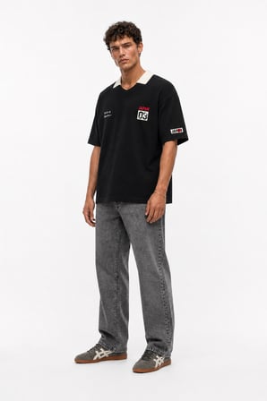 Erkek Yaka Detaylı Oversize T-Shirt Siyah