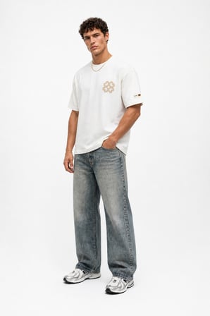 Erkek Nakış Detaylı Oversize T-Shirt Ekru