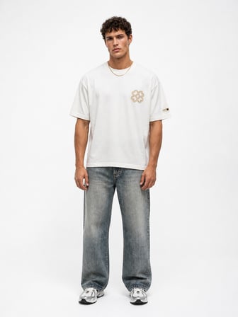 Erkek Nakış Detaylı Oversize T-Shirt Ekru