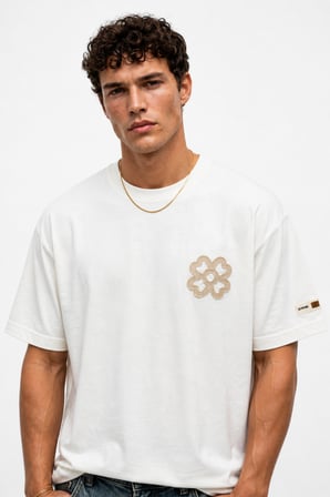 Erkek Nakış Detaylı Oversize T-Shirt Ekru
