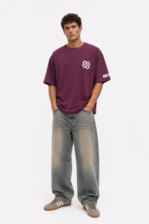 Erkek Nakış Detaylı Oversize T-Shirt Vişne