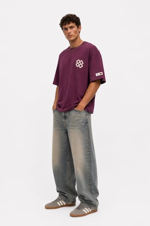 Erkek Nakış Detaylı Oversize T-Shirt Vişne