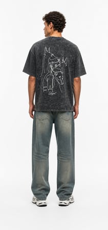 Erkek Nakış Detaylı Yıkamalı Oversize T-Shirt Siyah
