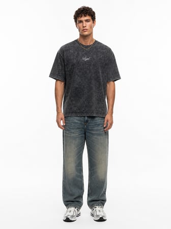 Erkek Nakış Detaylı Yıkamalı Oversize T-Shirt Siyah