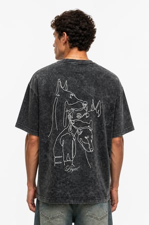 Erkek Nakış Detaylı Yıkamalı Oversize T-Shirt Siyah