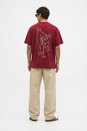 Erkek Nakış Detaylı Yıkamalı Oversize T-Shirt Bordo