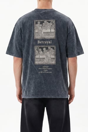 Erkek Betrayal Baskılı Yıkamalı Oversize T-Shirt Siyah