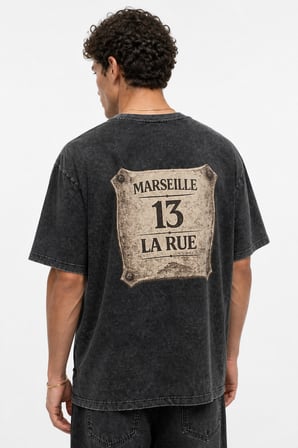 Erkek Marseille Baskılı Yıkamalı Oversize T-Shirt Siyah