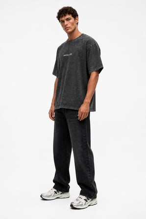 Erkek Marseille Baskılı Yıkamalı Oversize T-Shirt Siyah